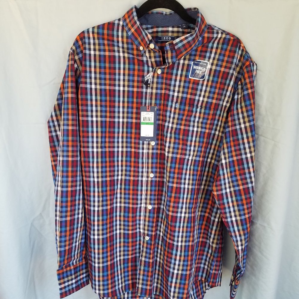 NWT Large Izod Advantage Blue and Red Plaid Button Down Shirt